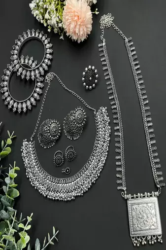 7 pc oxidised silver jewellery set for women indian tribal statement necklace set with jhumka