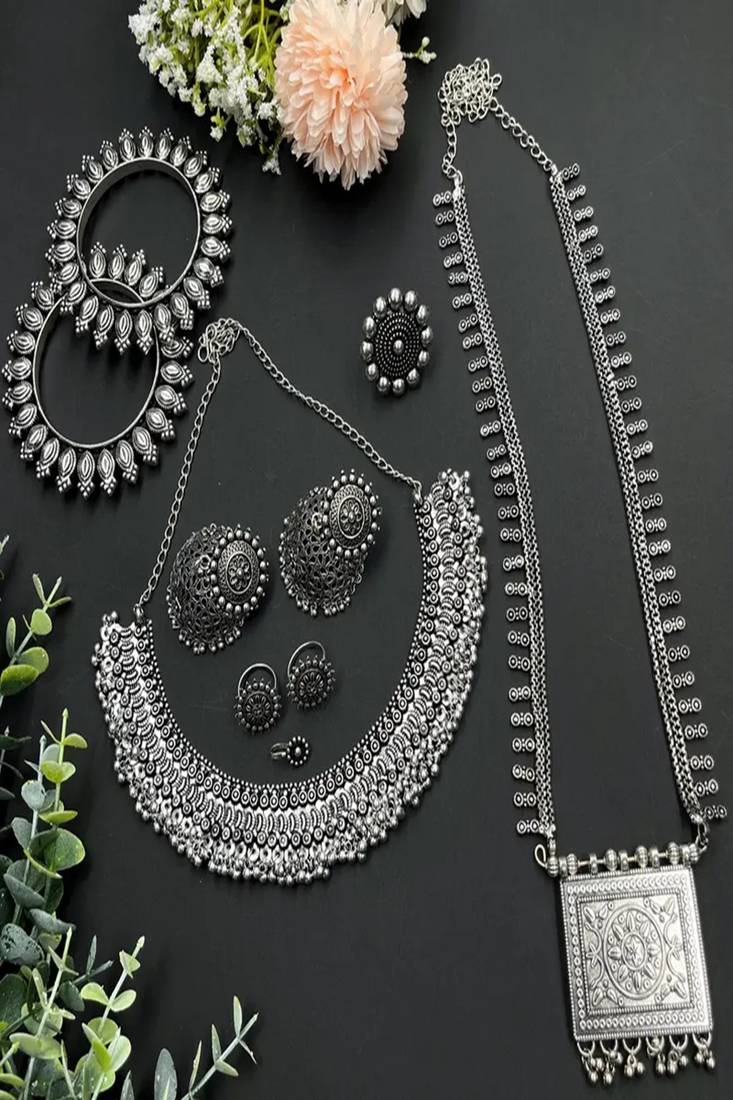 7 pc oxidised silver jewellery set for women indian tribal statement necklace set with jhumka