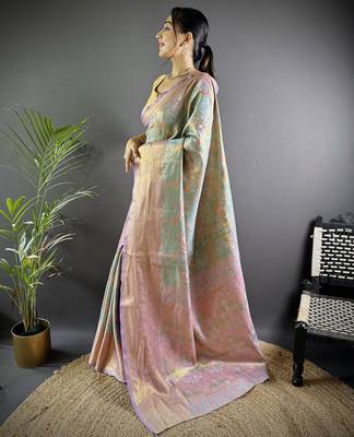 sky blue tissue silk blend kanjeevaram zari woven saree with unstitched blouse piece. 3