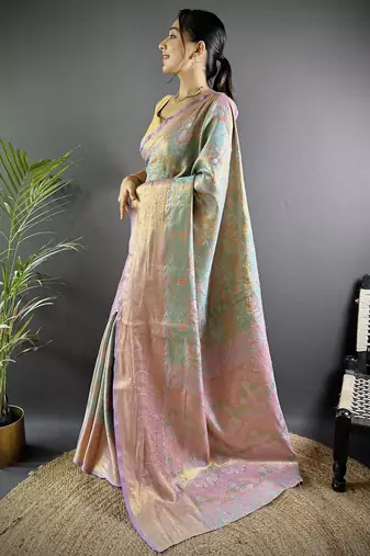 sky blue tissue silk blend kanjeevaram zari woven saree with unstitched blouse piece.