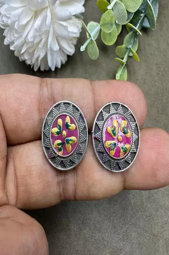 Hand painted oxidized silver stud earrings, colorful boho enamel circle studs