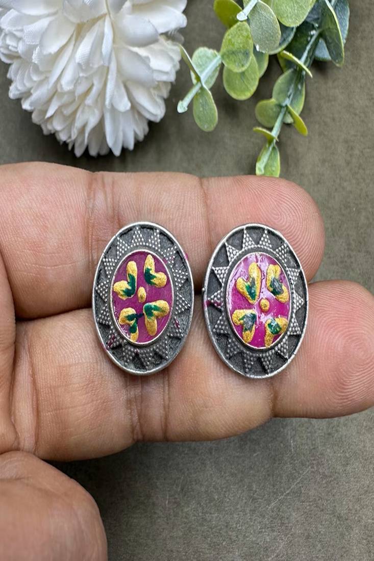 Hand painted oxidized silver stud earrings, colorful boho enamel circle studs