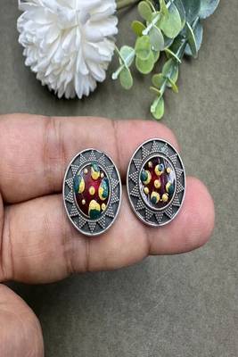 Hand painted oxidized silver stud earrings, colorful boho enamel circle studs 4