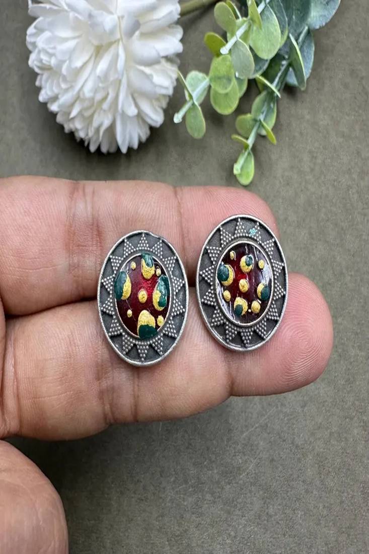 Hand painted oxidized silver stud earrings, colorful boho enamel circle studs