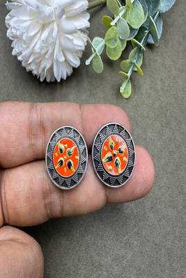 Hand painted oxidized silver stud earrings, colorful boho enamel circle studs 5