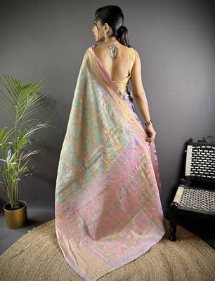 sky blue tissue silk blend kanjeevaram zari woven saree with unstitched blouse piece. 4