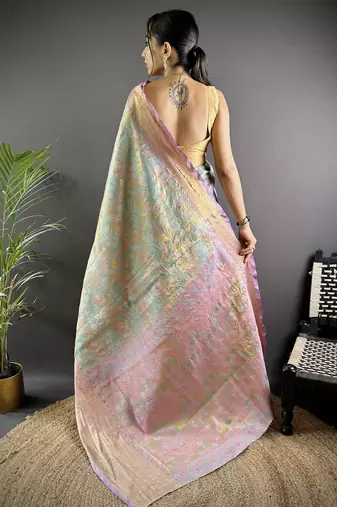 sky blue tissue silk blend kanjeevaram zari woven saree with unstitched blouse piece.