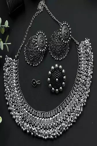 7 pc oxidised silver jewellery set for women indian tribal statement necklace set with jhumka