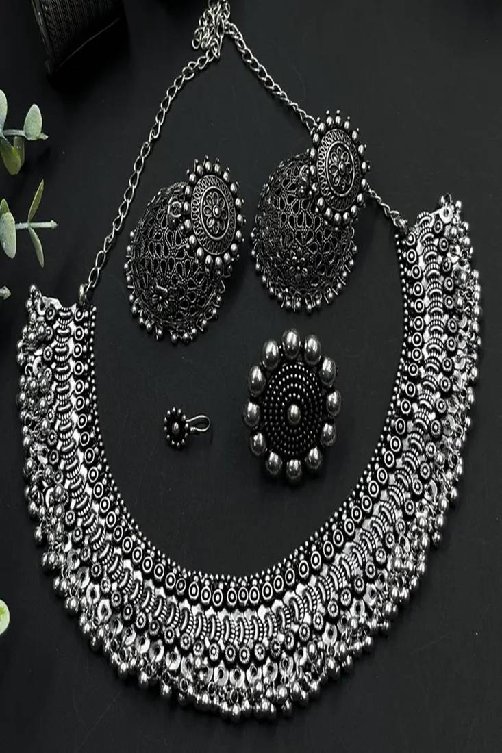 7 pc oxidised silver jewellery set for women indian tribal statement necklace set with jhumka