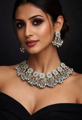 Oxidized silver ghungroo choker necklace set | red green enamel tribal jewelry 1