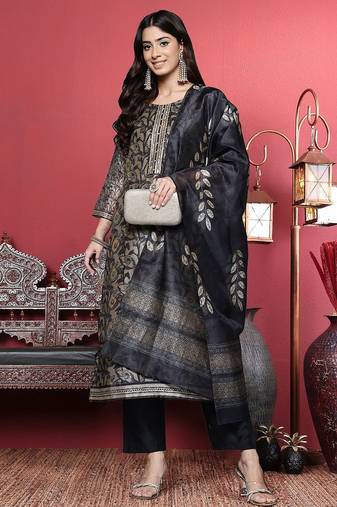 Grey Floral Printed Beads and Stones Straight Kurta with Trousers & Dupatta