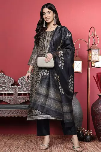 Grey Floral Printed Beads and Stones Straight Kurta with Trousers & Dupatta
