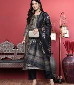 Grey Floral Printed Beads and Stones Straight Kurta with Trousers & Dupatta