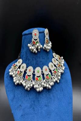 Oxidized silver ghungroo choker necklace set | red green enamel tribal jewelry 2