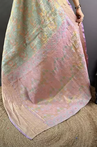 sky blue tissue silk blend kanjeevaram zari woven saree with unstitched blouse piece.