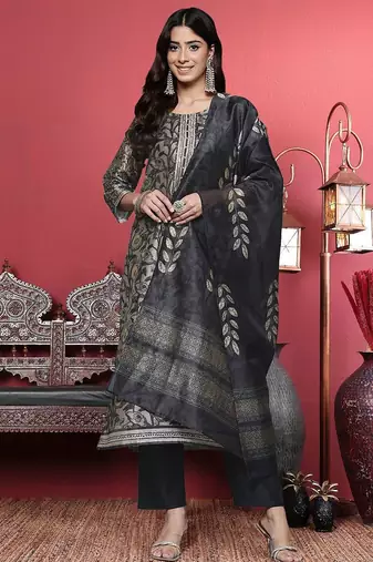 Grey Floral Printed Beads and Stones Straight Kurta with Trousers & Dupatta