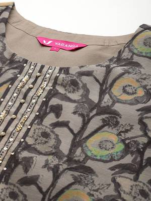 Grey Floral Printed Beads and Stones Straight Kurta with Trousers & Dupatta 3