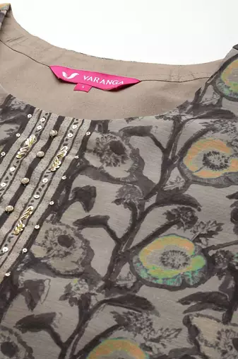 Grey Floral Printed Beads and Stones Straight Kurta with Trousers & Dupatta