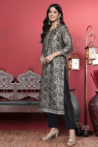 Grey Floral Printed Beads and Stones Straight Kurta with Trousers & Dupatta