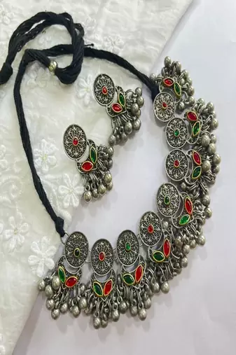 Oxidized silver ghungroo choker necklace set | red green enamel tribal jewelry