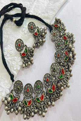Oxidized silver ghungroo choker necklace set | red green enamel tribal jewelry 4