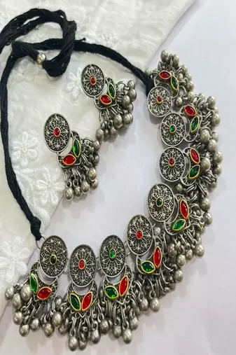 Oxidized silver ghungroo choker necklace set | red green enamel tribal jewelry