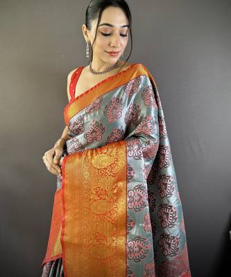 grey tissue silk blend kanjeevaram zari woven saree with unstitched blouse piece. 1