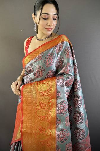 grey tissue silk blend kanjeevaram zari woven saree with unstitched blouse piece
