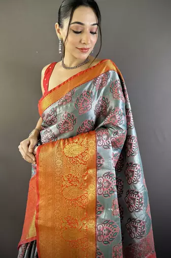grey tissue silk blend kanjeevaram zari woven saree with unstitched blouse piece.