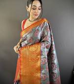 grey tissue silk blend kanjeevaram zari woven saree with unstitched blouse piece.