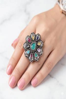Oxidized stone ring: indian silver plated adjustable ethnic jewelry 1