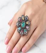 Oxidized stone ring: indian silver plated adjustable ethnic jewelry