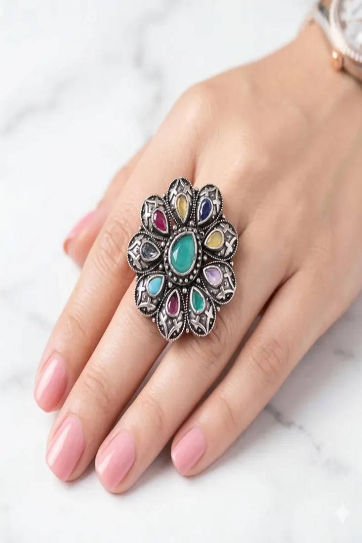 Oxidized stone ring: indian silver plated adjustable ethnic jewelry
