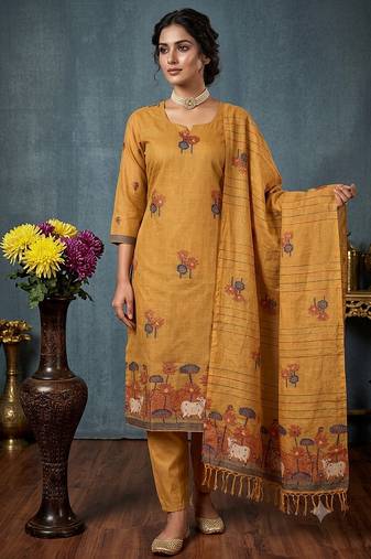 Gold handwoven jamdani cotton suit