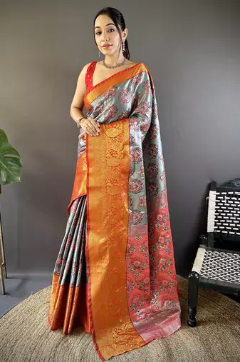 grey tissue silk blend kanjeevaram zari woven saree with unstitched blouse piece.