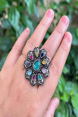Oxidized stone ring: indian silver plated adjustable ethnic jewelry 2