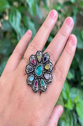 Oxidized stone ring: indian silver plated adjustable ethnic jewelry