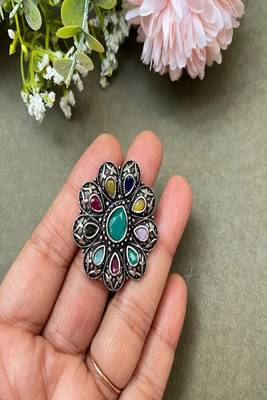 Oxidized stone ring: indian silver plated adjustable ethnic jewelry 3