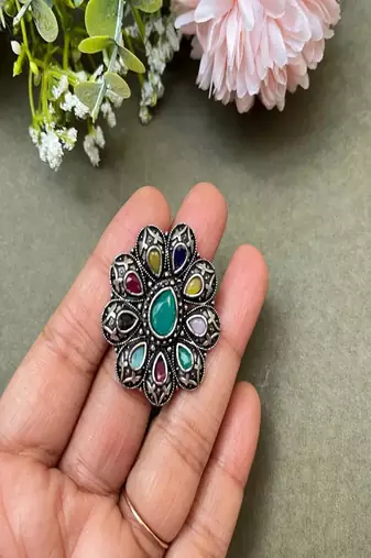 Oxidized stone ring: indian silver plated adjustable ethnic jewelry