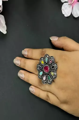 Oxidized stone ring: indian silver plated adjustable ethnic jewelry