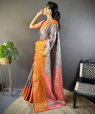 grey tissue silk blend kanjeevaram zari woven saree with unstitched blouse piece. 3