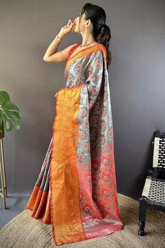 grey tissue silk blend kanjeevaram zari woven saree with unstitched blouse piece.