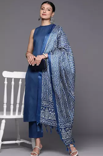 Blue Sleeveless Halter Neck Straight Republic Day Kurta with Trouser & Bandhani Printed Dupatta