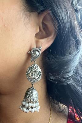 Oxidized silver bird jhumka earrings | indian pearl drop statement jewelry 2