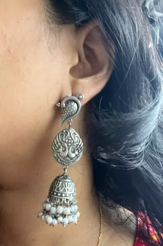 Oxidized silver bird jhumka earrings | indian pearl drop statement jewelry