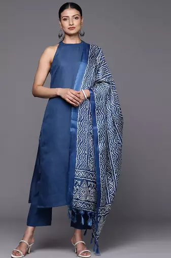 Blue Sleeveless Halter Neck Straight Republic Day Kurta with Trouser & Bandhani Printed Dupatta