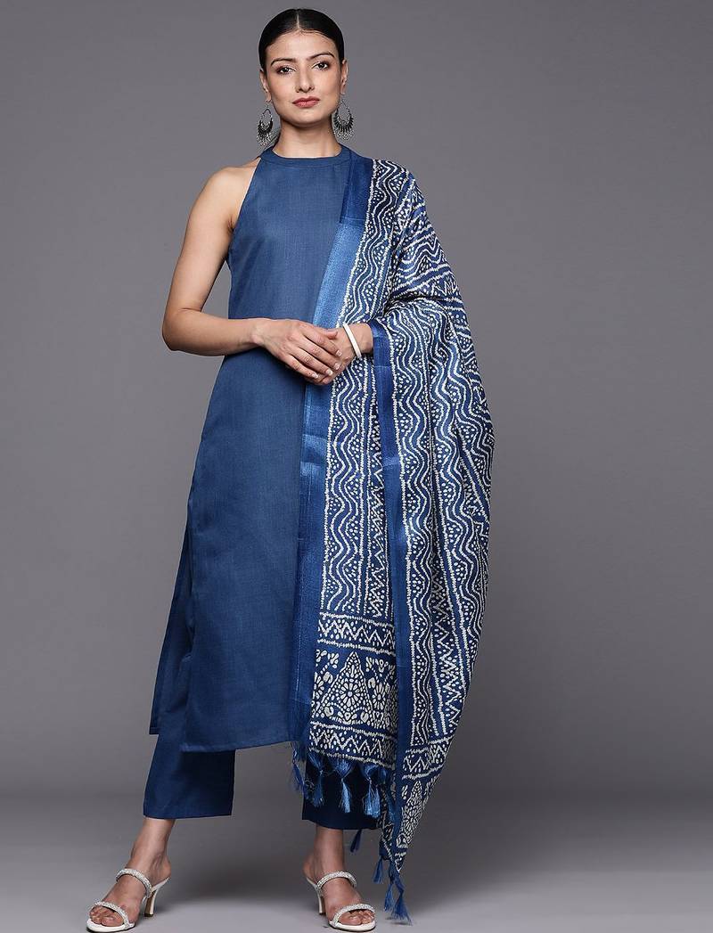 Blue Sleeveless Halter Neck Straight Republic Day Kurta with Trouser & Bandhani Printed Dupatta