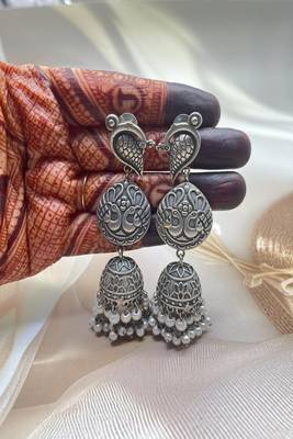 Oxidized silver bird jhumka earrings | indian pearl drop statement jewelry 3