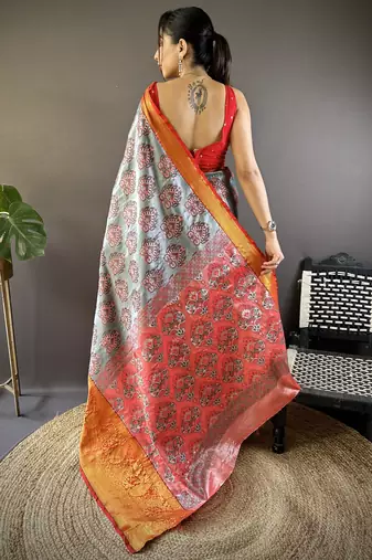 grey tissue silk blend kanjeevaram zari woven saree with unstitched blouse piece.