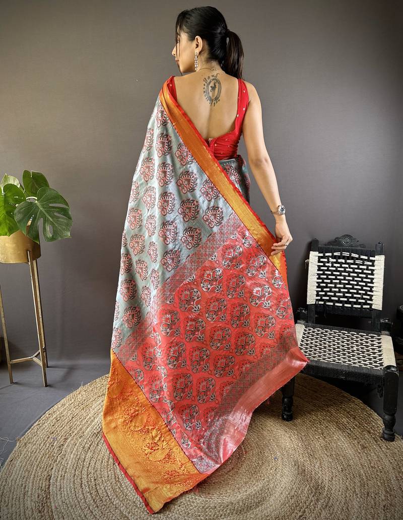 grey tissue silk blend kanjeevaram zari woven saree with unstitched blouse piece.
